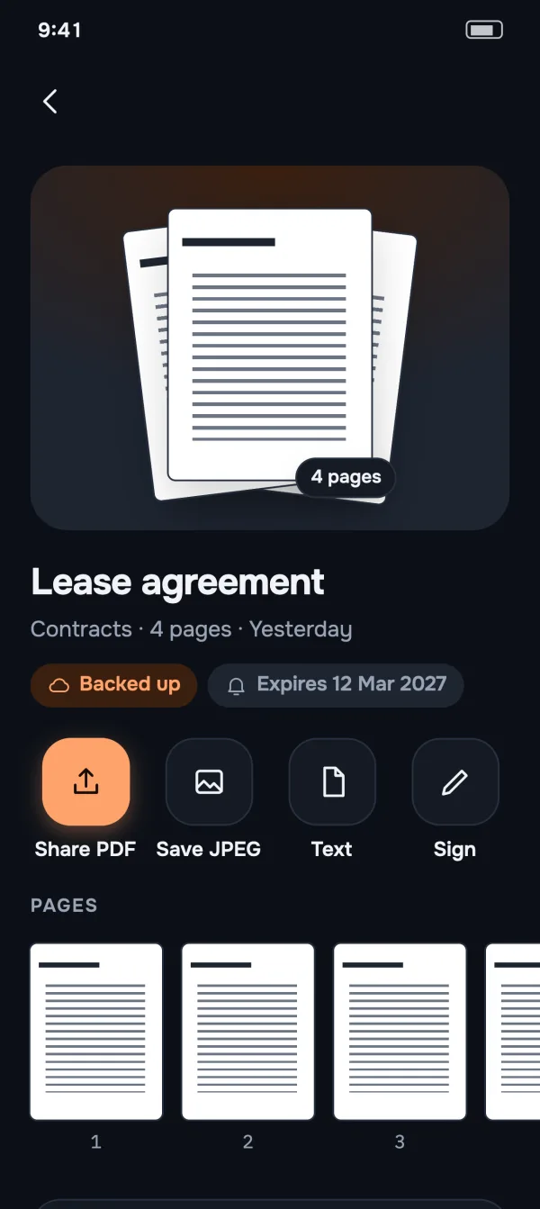 Lease agreement document with Share PDF, Save JPEG, Text and Sign