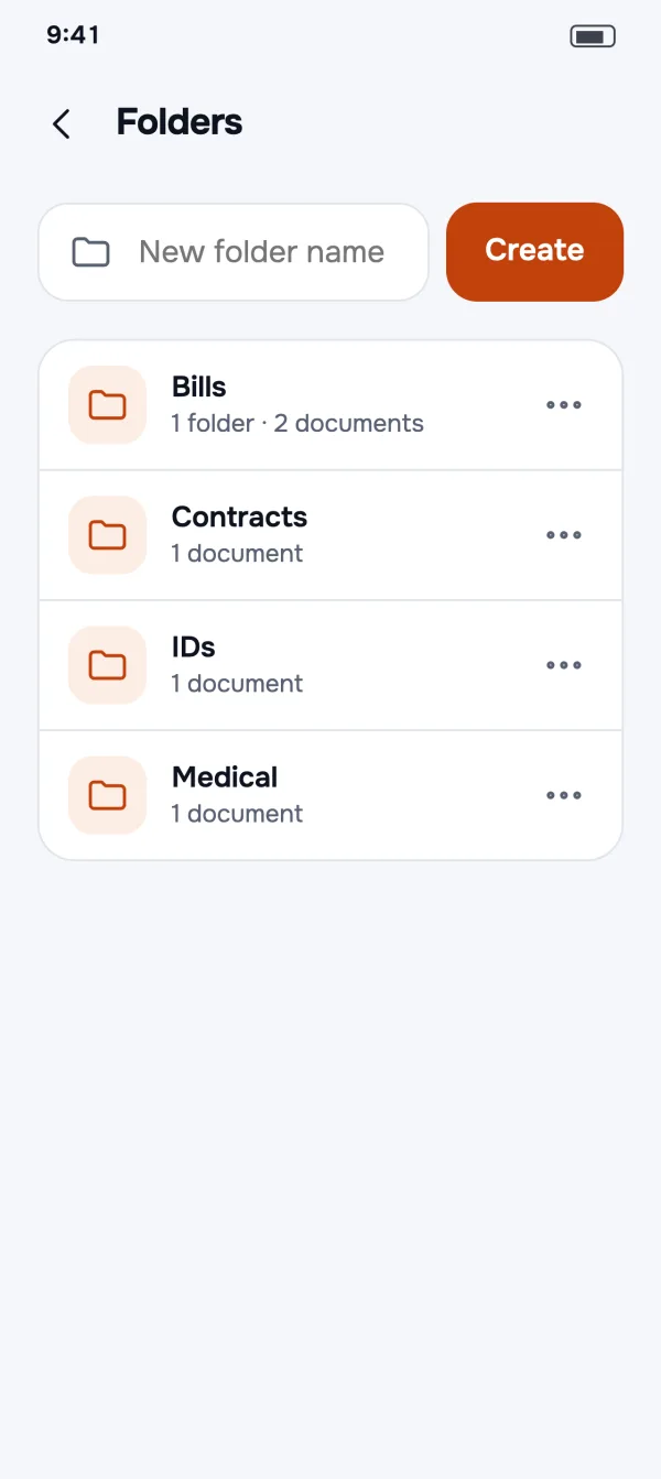 Folders screen listing Bills, Contracts, IDs and Medical