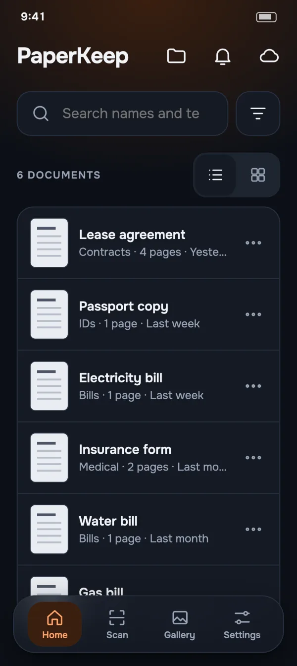 Home in dark mode with six documents and a search field