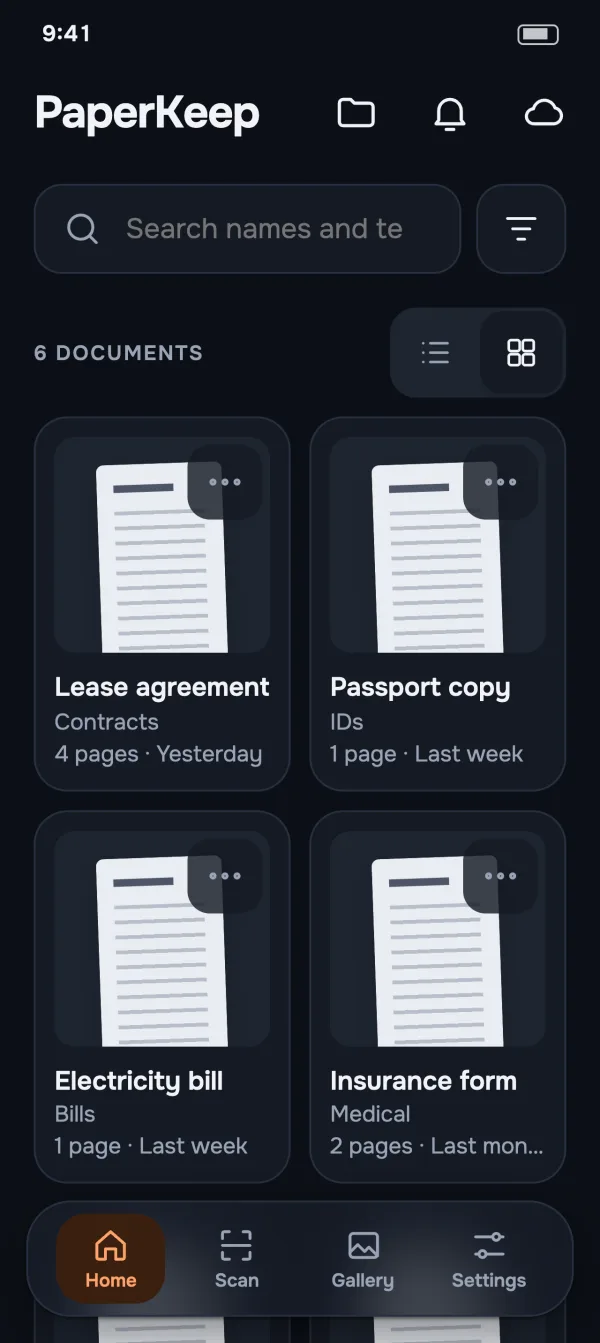 Home as a grid of document tiles in dark mode