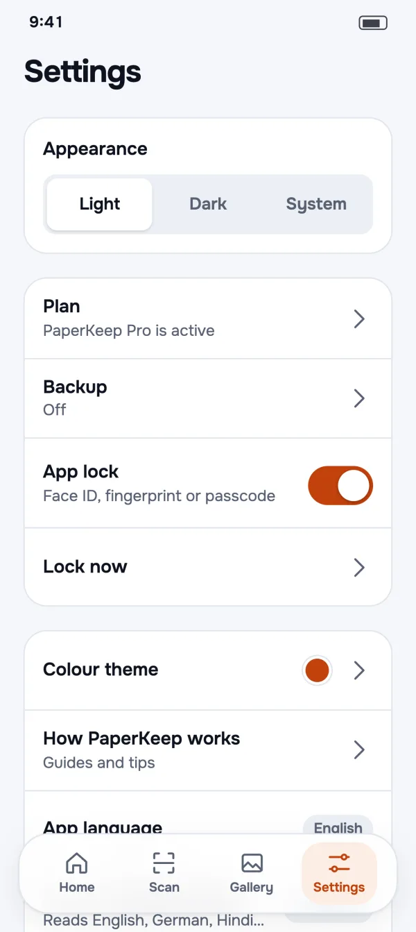 Settings with appearance, backup, app lock and colour theme