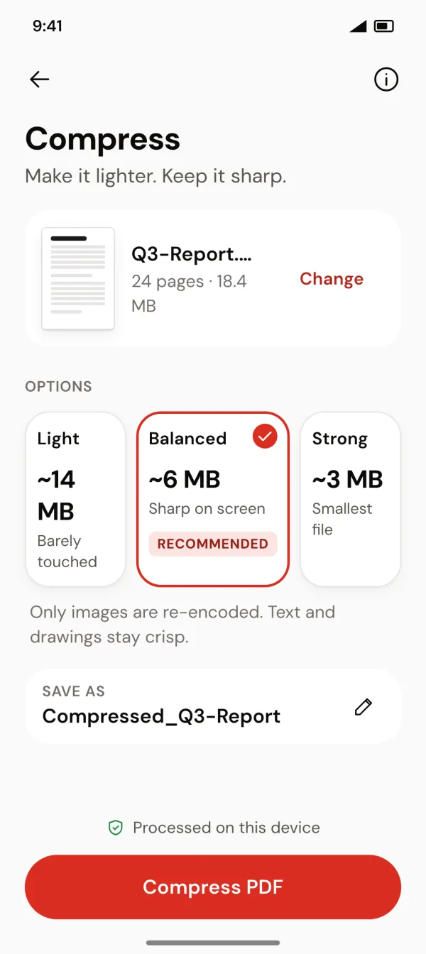 Compress tool with three levels and a size estimate