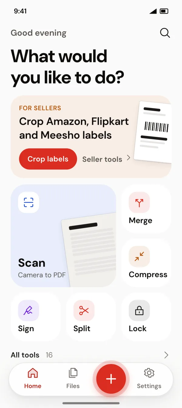 Label Crop Tool & PDF Manager home screen with a For sellers card to crop Amazon, Flipkart and Meesho labels