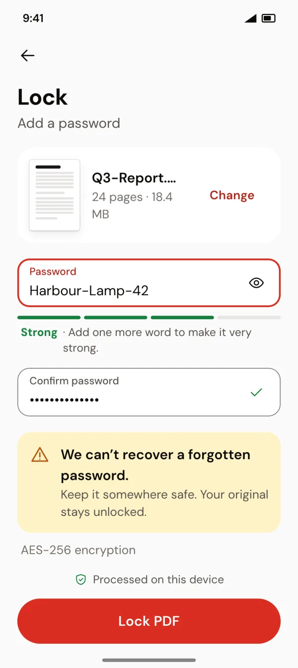 Lock tool adding a password to a PDF