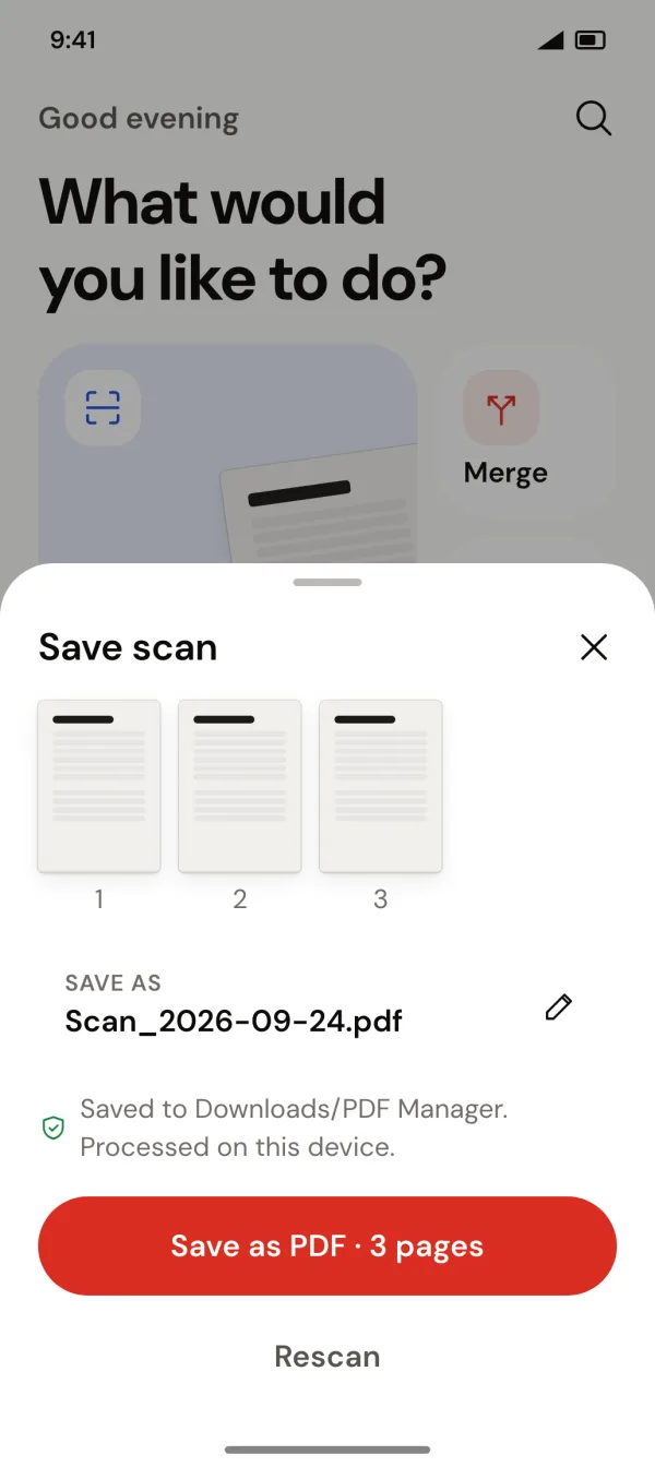 Scanned pages ready to save as a PDF