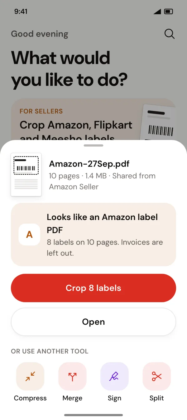 Share sheet recognising an Amazon label PDF with 8 labels and a Crop 8 labels button